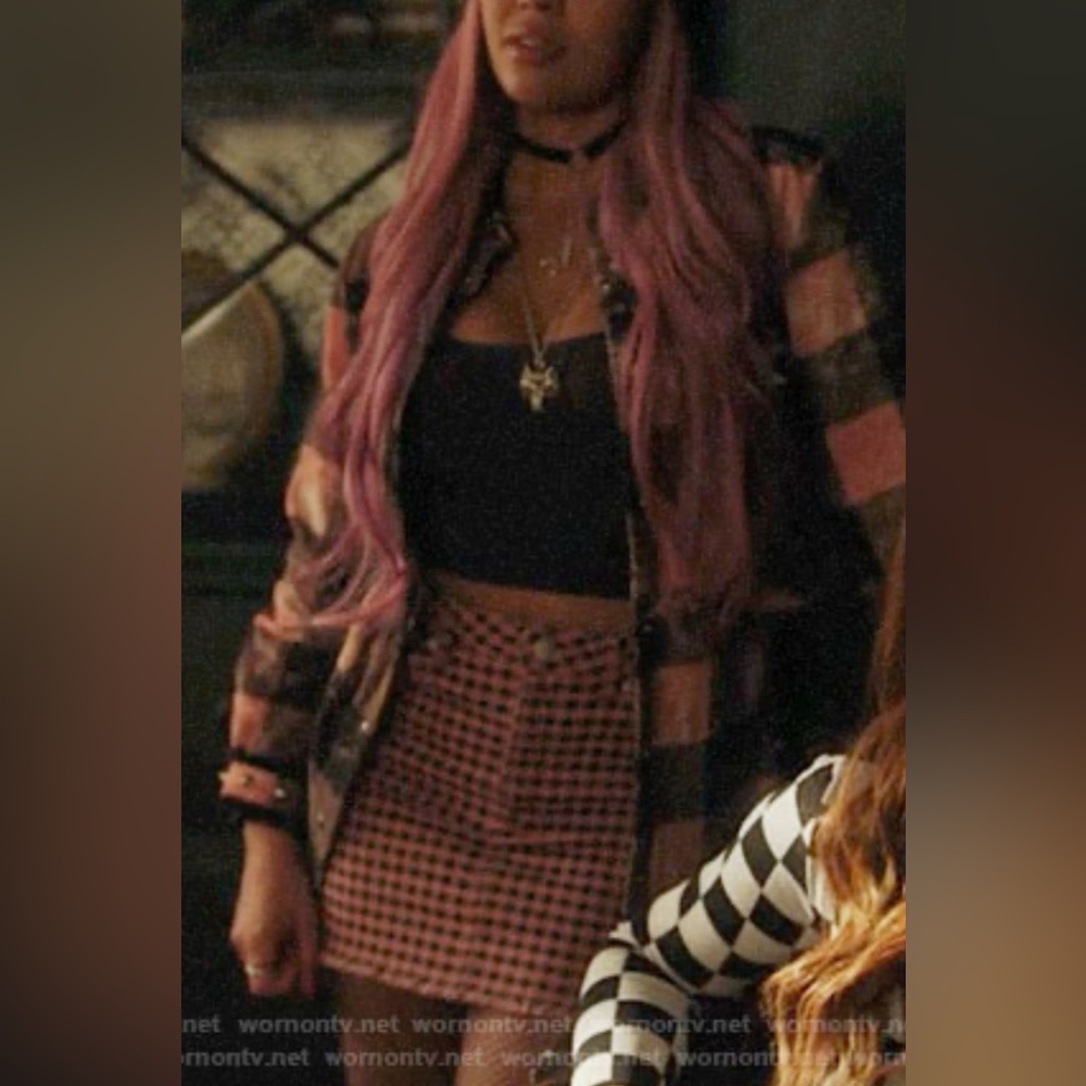 Forever 21 Pink & Black Checkered Mini Skirt S Y2K 2016 Vibe Plaid Raw Hem Denim - Picture 11 of 11